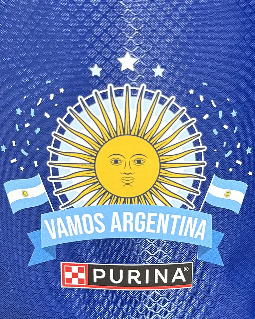 Detalle de una impresión DTF de FAKNA: sol y bandera sobre tela azul